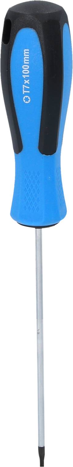 Blauer Schraubendreher mit schwarzem Griff und 7x140mm Beschriftung.