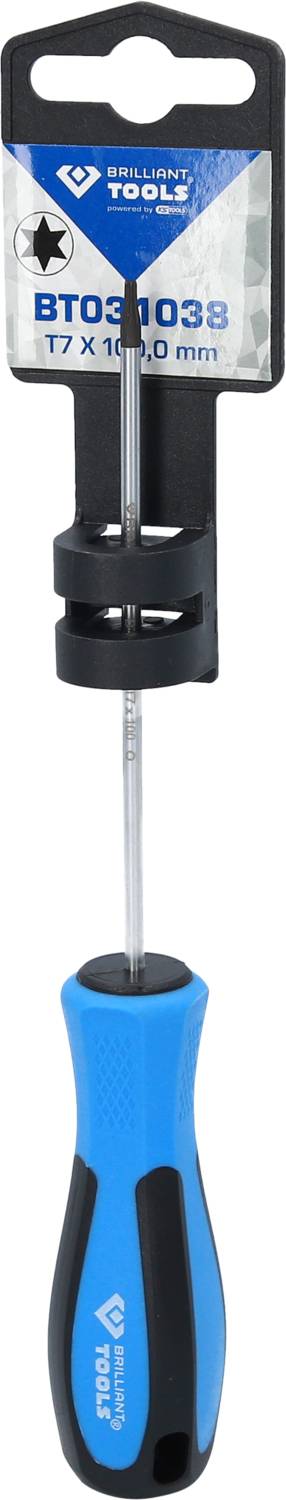 Blauer Schraubendreher mit schwarzem Griff und Schaft, aufgehängt in einer Verpackung, die 'TOOLS' und 'BT03-1038 1.7 x 100 mm' zeigt.