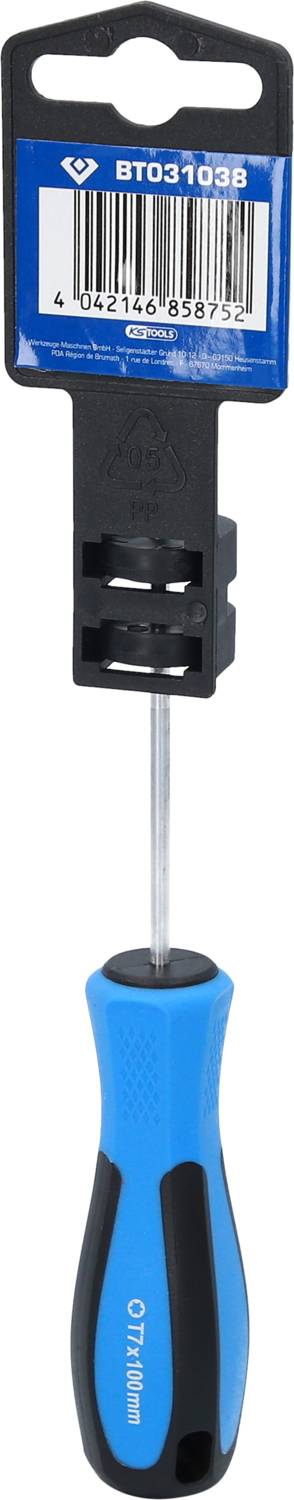 Blauer Schraubendreher mit schwarzem Griff. Oben eine Plastikverpackung mit Barcode und Produktnummer 'BT031038'.