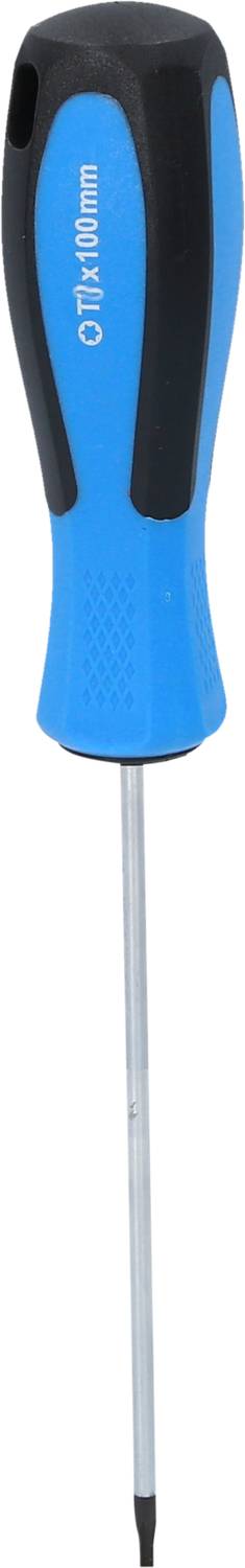 Ein blauer Schraubendreher mit schwarzem Griff und einem 4 mm flachen Metallende, geeignet für kleine Schrauben.