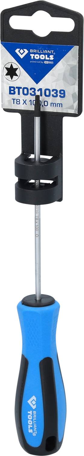 Ein blauer Schraubendreher mit schwarzem Griff und Sternspitze. Verpackung zeigt 'BT031038 1x100mm' von einem Werkzeughersteller.