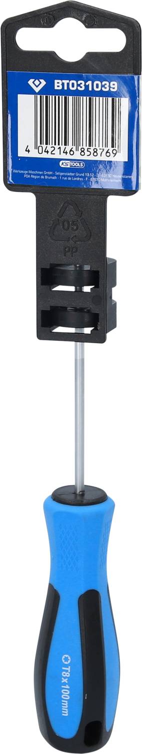 Schraubendreher mit blau-schwarzem Griff und Etikett mit Barcode und Nummer 'BT031039'.