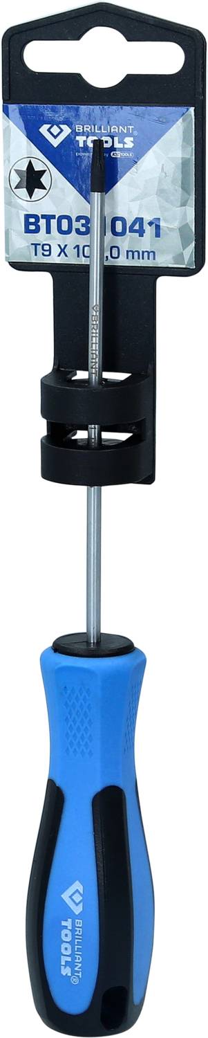 Blauer Schraubendreher von 'STORCH-CIRET'. Modellnummer 'BT03-041', Größe '19 x 100 mm', an einer schwarzen Halterung befestigt.