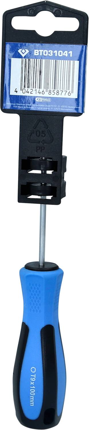 Ein Schraubendreher mit blau-schwarzem Griff, oben ein Etikett mit Strichcode und Nummer 'BT031041'.