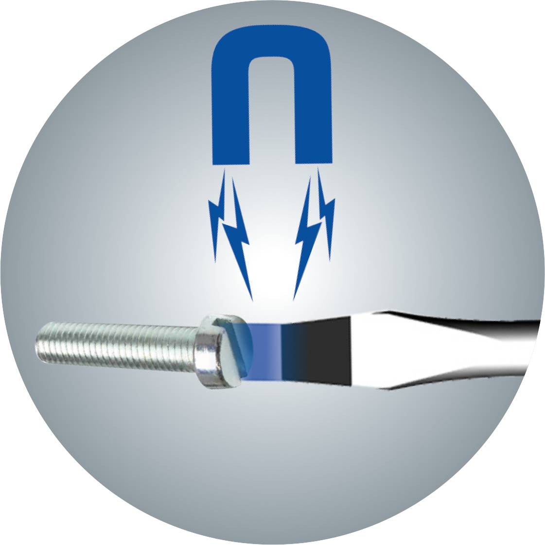 Ein Schraubenzieher erzeugt ein Magnetfeld und zieht eine Schraube an.