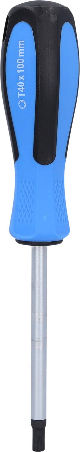 Blauer Schraubendreher mit schwarzem Griff und silberner Klinge. Text auf Griff: '7/12x100 mm'.