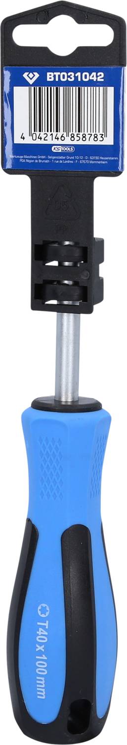 Ein blauer Schraubendreher mit schwarzem Griff, oben befestigte Produktverpackung mit Strichcode und der Aufschrift 'BT031042'.