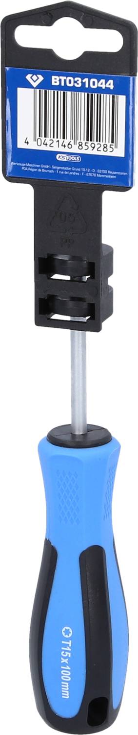 Ein blauer Schraubendreher mit schwarzem Griff und Schlitz für Spannschloss, Marke BT031044, unter Barcode auf Verpackung.