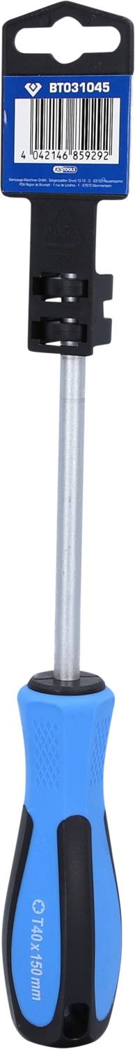 Ein blauer Schraubendreher mit ergonomischem Griff und einer Metallwelle. Das Etikett oben zeigt einen Barcode und Markenname.