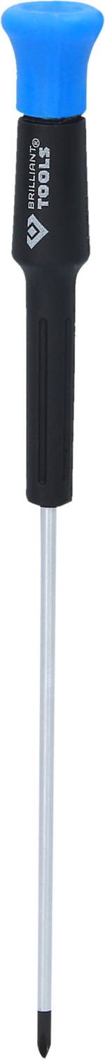 Blauer Schraubendreher mit schwarzem Griff und silberner Klinge. Geeignet für Präzisionsarbeiten. Logo und Marke auf dem Griff.