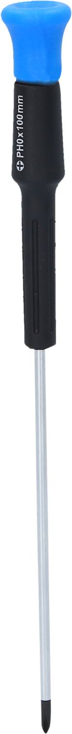 Ein kleiner Schraubendreher mit blauem Griff und schwarzem Schaft, geeignet für feine Arbeiten oder Elektronik.