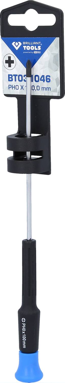 Schraubendreher mit PH0-Spitze, 3,0 mm Durchmesser, schwarzer Griff mit blauer Spitze, von der Marke Wiha Tools.