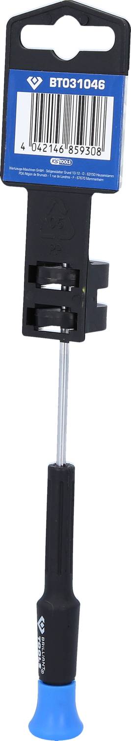 Kleiner Schraubendreher mit schwarzem Griff und blauer Spitze, befestigt an einer schwarzen Halterung mit Barcode und Nummer 'BT031046'.