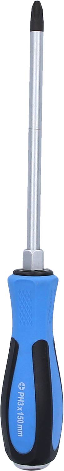 Ein Kreuzschraubendreher mit blau-schwarzem Griff und silberner Metallklinge.