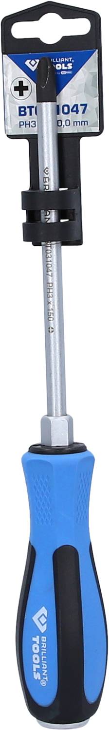 Schraubendreher mit blau-schwarzem Griff und PH2-Spitze, verpackt in Kunststoffhalterung.