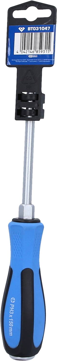 Schraubendreher mit blau-schwarzem Griff und langem Schaft, oben ein Etikett mit Barcode.