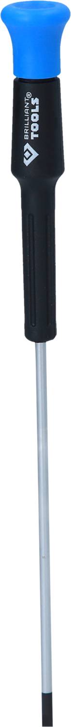 Ein langer schwarzer Schraubendreher mit blauem Griff und silberner Stange, geeignet für Präzisionsarbeiten und feine Anpassungen.