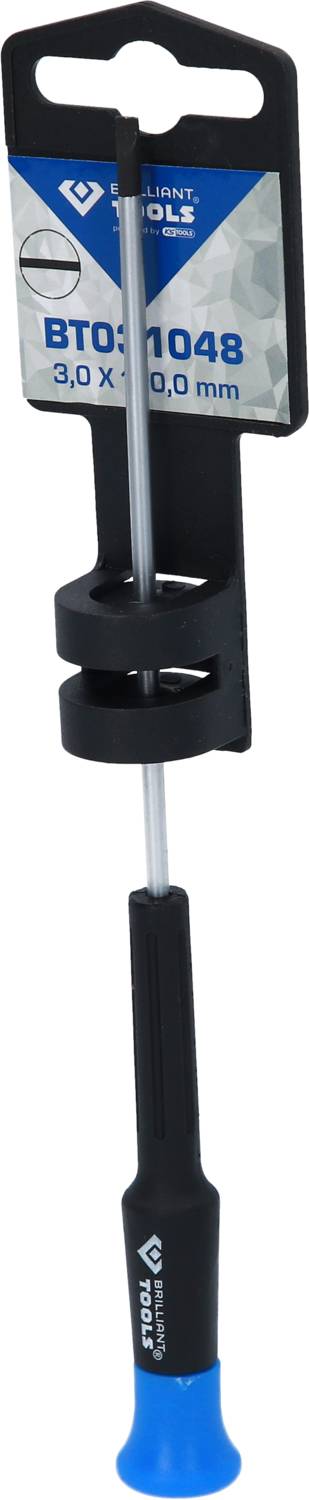 Schraubendreher mit schwarzem Griff und blauer Spitze, Länge 100 mm, Breite 3 mm, aufgehängt an einer schwarzen Halterung.