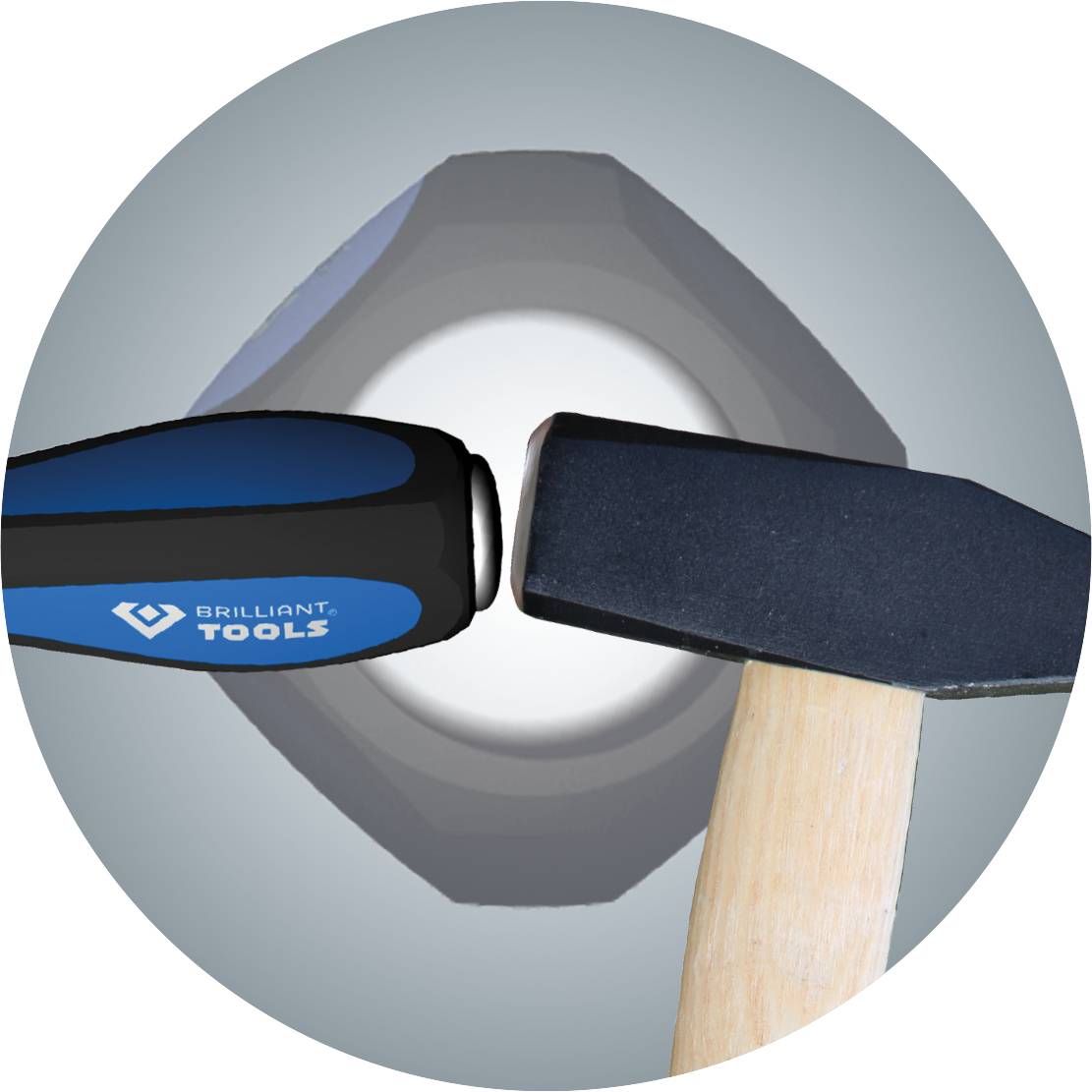 Ein Hammer schlägt auf einen blauen Schraubenschlüssel vor einem großen, stilisierten Sechskantmutter-Hintergrund.