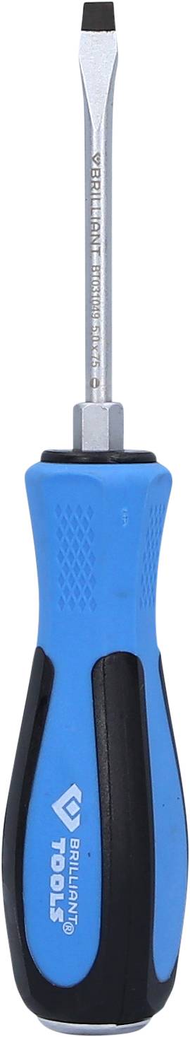 Ein blauer Schraubendreher mit schwarzem Griff, zeigt die Klinge nach oben. Geeignet zum Festziehen oder Lösen von Schrauben.