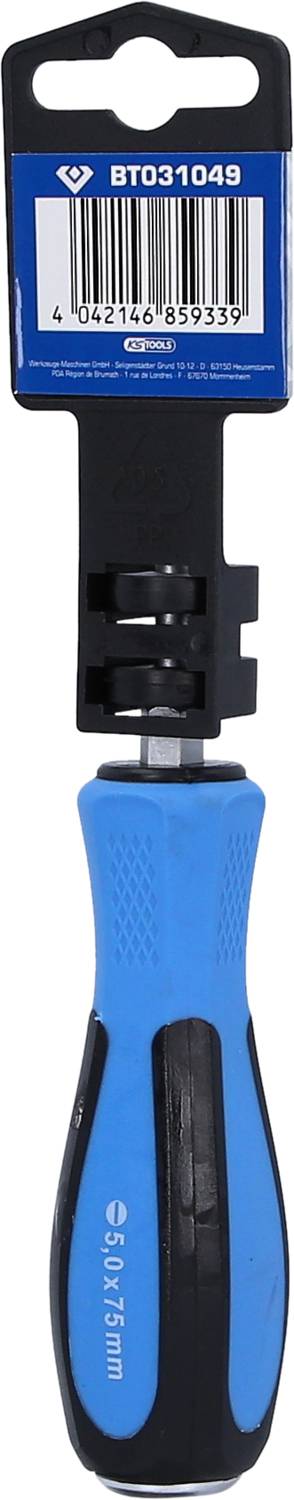 Blauer Schraubendreher mit schwarzem Griff und Etikett mit Strichcode.