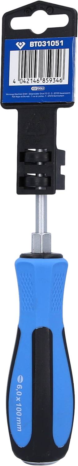 Ein blauer Schraubendreher mit robustem Griff und einem Aufsatz, geeignet für präzises Arbeiten. Verpackt ist er mit einer Barcode-Anzeige.