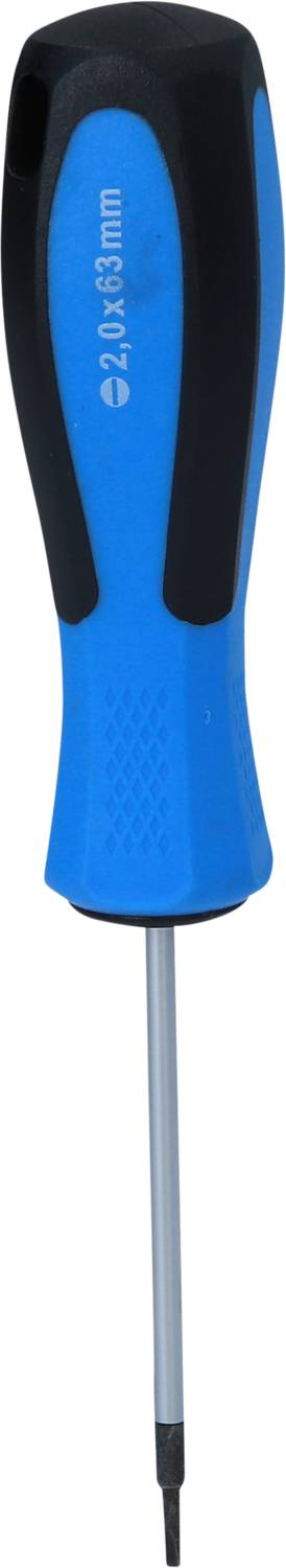 Ein blauer Schraubendreher mit schwarzem Griff und einer flachen Metallspitze.