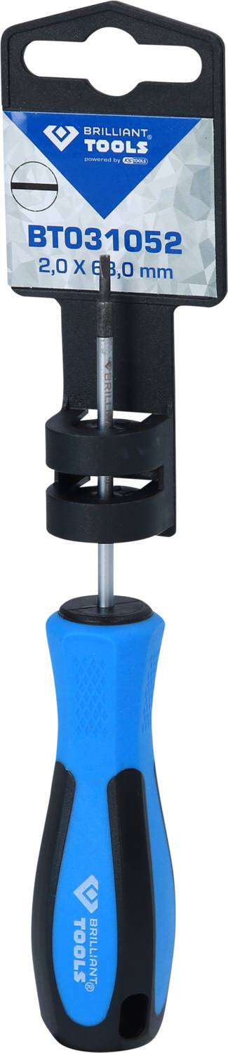 Schraubendreher Brilliant Tools mit blauem Griff und schwarzem Bit. Größe: 2,0 x 8,0 mm. Produktcode: BT031052. Verpackung oben.