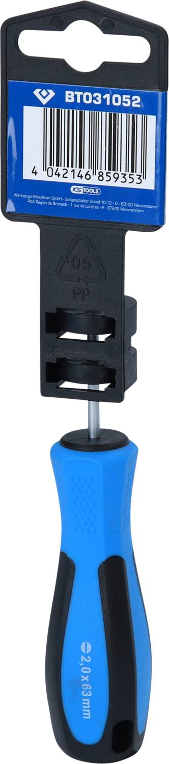 Ein blauer Griffschraubenzieher mit schwarzem Halter und Barcode oben.