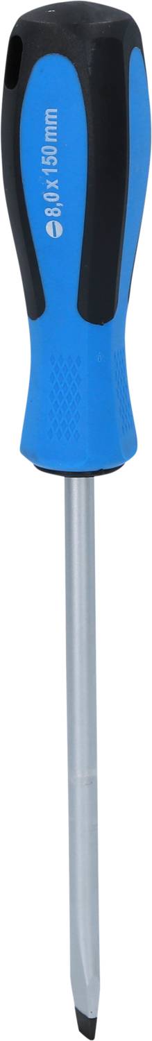 Blauer Schraubendreher mit schwarzem Griff und metallener Schraubenspitze, geeignet für Kreuzschlitzschrauben.