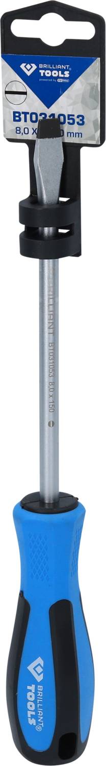 Blauer Schraubendreher mit schwarzem Griff, 6,5 mm Schlitz, Markenname 'Toya', Länge 25 cm. Verpackung mit Aufhängeloch oben.