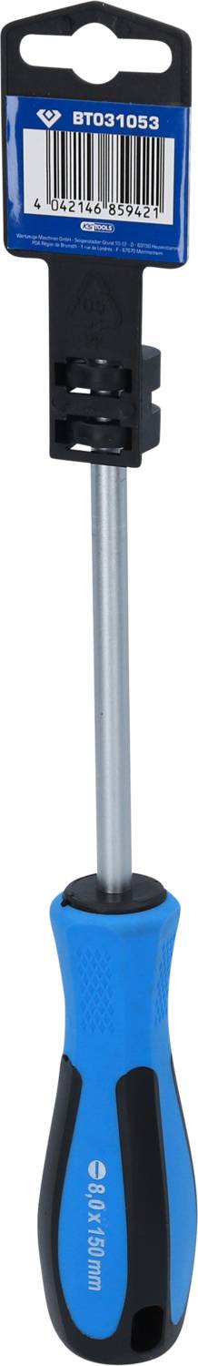 Kreuzschlitz-Schraubendreher mit blau-schwarzem Griff und Metallstange. Verpackung mit Barcode und Marke oben befestigt.