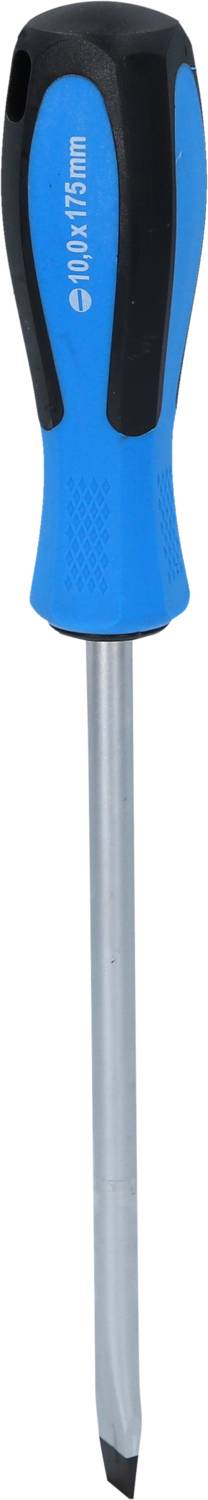 Schraubenzieher mit blau-schwarzem Griff und flacher Klinge, vertikal ausgerichtet.