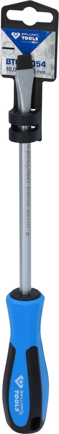 Blauer Schraubendreher mit schwarzem Griff und beschriftetem Griffkopf in einer Verpackung.