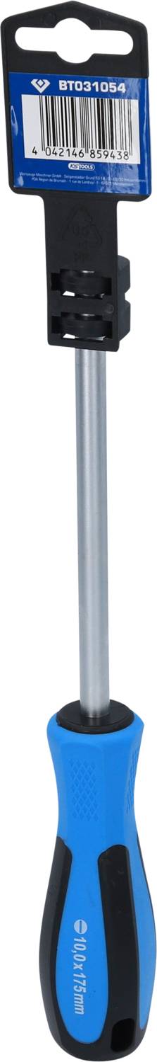 Ein blauer Schraubendreher mit ergonomischem Griff und schwarzem Plastikhalter. Er ist verpackt und hat eine Warenkennzeichnung oben.