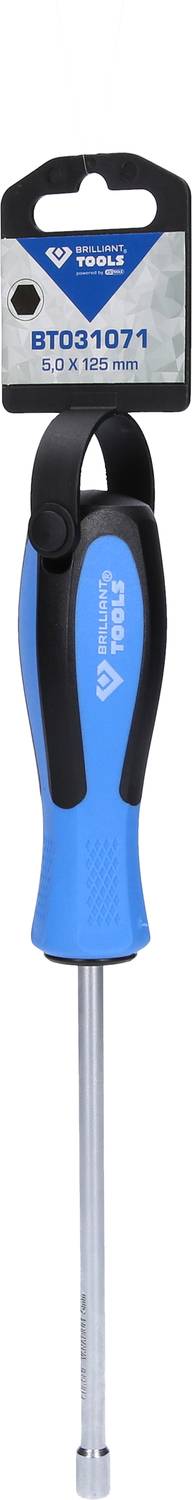 Ein blauer Schraubendreher mit ergonomischem Griff und schwarzer Spitze. Produktnummer 'BT031071' auf der Verpackung oben.