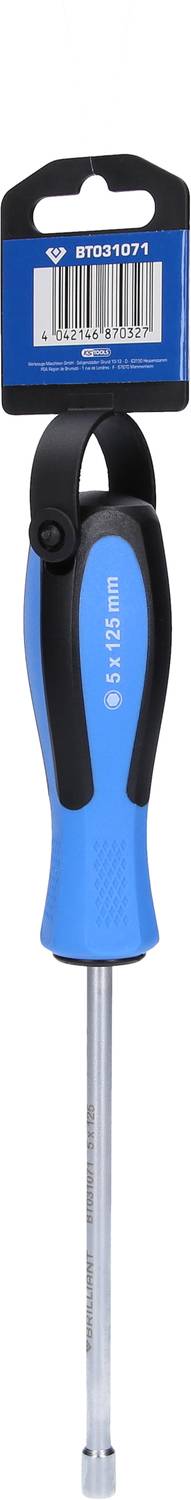 Blauer Schraubendreher mit schwarzem Griff und Aufhänger, Etikett mit Barcode oben auf dem Griff befestigt.