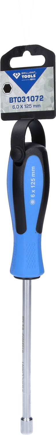 Blauer Schraubendreher mit schwarzem Griff und silberner Spitze, Verpackung oben mit einer Produktnummer und Logo.