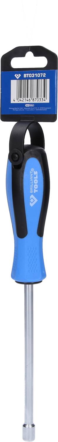 Ein blauer Schraubendreher mit schwarzem Griff, hängend an einer Verpackung mit Barcode.