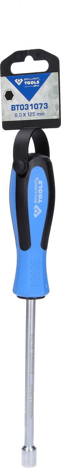Schraubendreher mit blauem Griff und schwarzer Aufhängung, Etikett mit der Aufschrift 'BT021073' oben angebracht.