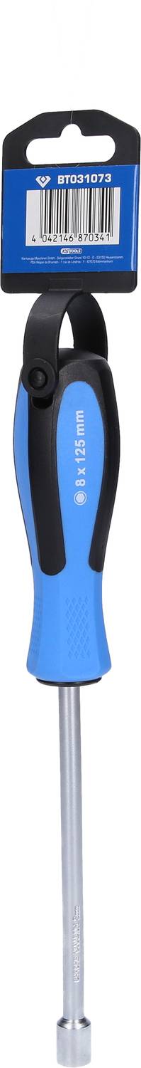 Blauer Schraubendreher mit ergonomischem Griff und langer metallischer Spitze, aufgehängt an einer Verkaufsverpackung mit Barcode.