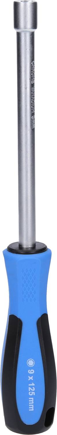 Ein blauer Schraubendreher mit schwarzem Griff. Er hat eine lange, zylindrische Metallspitze und eignet sich für Sechskantschrauben.