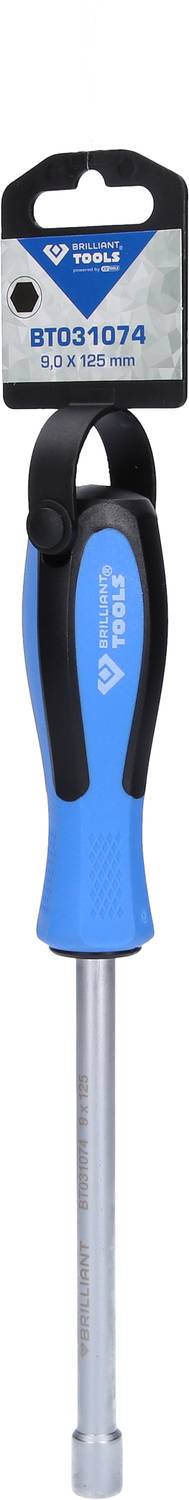 Kreuzschlitz-Schraubendreher mit blau-schwarzem Griff und Metallstange. Verpackung enthält Modellnummer 'BT021074' und Markenlogo.