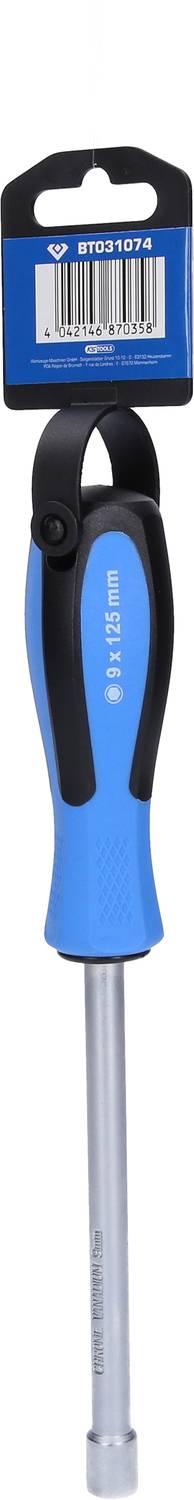 Ein blauer Schraubendreher mit ergonomischem Griff und Loch zum Aufhängen. Oben ein Etikett mit Strichcode.