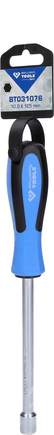 Ein blauer Handgriff-Schraubenschlüssel mit einer silbernen Spitze, präsentiert in einer Verpackung mit Produktnummer 'BT021076' oben.