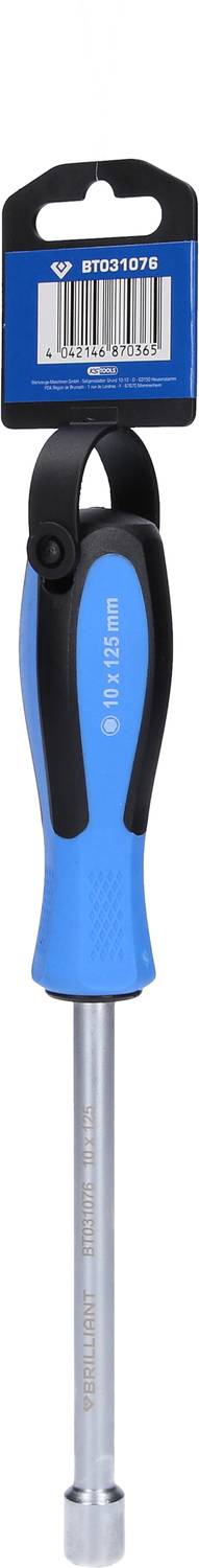 Langer Schraubenschlüssel mit blau-schwarzem Griff und Haken. Markenetikett oben, Produktnummer sichtbar. Ideal für Heimwerker.