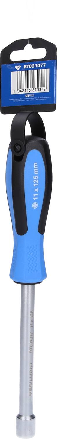 Schraubendreher mit blau-schwarzem Griff, mit magnetischer Spitze und integriertem Aufhängeloch, auf Haken zum Verkauf präsentiert.