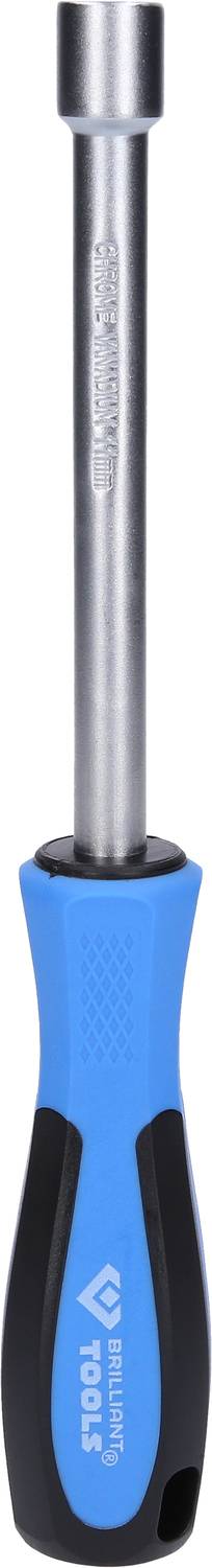 Blauer Schraubendreher mit schwarzem Griff und silbernem Schaft.