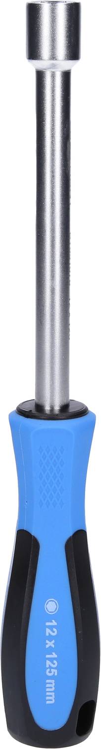 Ein Schraubenschlüssel mit blauem Griff und silberner Spitze. Aufschrift am Griff: '12 x 125 mm'.
