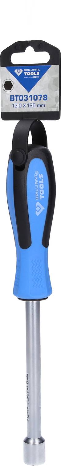 Ein blauer Schraubendreher mit ergonomischem Griff und schwarzem Akzent, dargestellt vor einer neutrale Verpackung mit Haken zur Aufhängung.